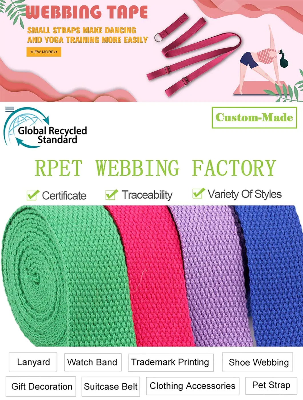 Wholesale 25mm/38mm High Tenacity Eco-Friendly Nylon Straps Woven Striped RPET Recycled Polyester Jacquard Webbing